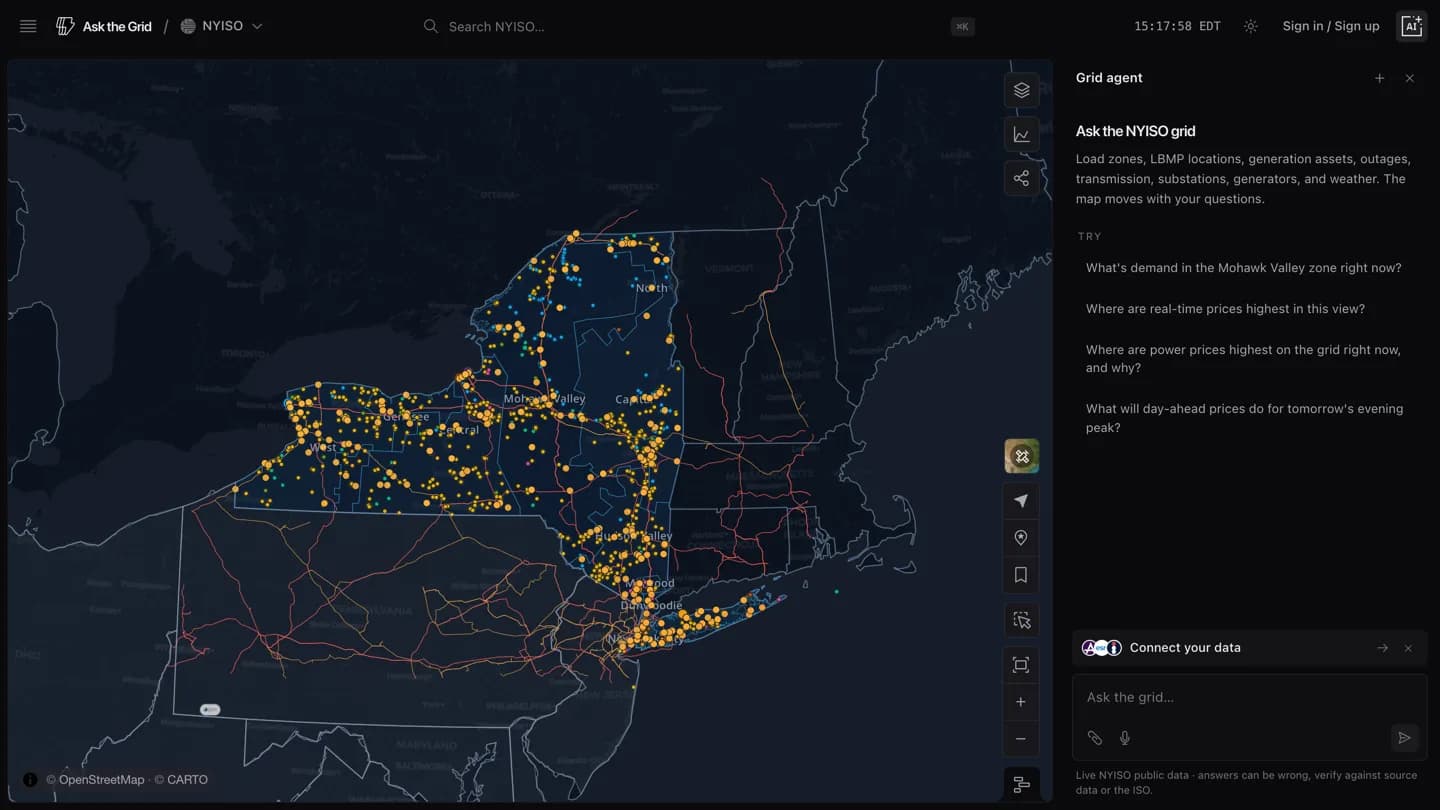 The NYISO grid on Ask the Grid, showing New York load zones, generators, and transmission with the agent panel open.