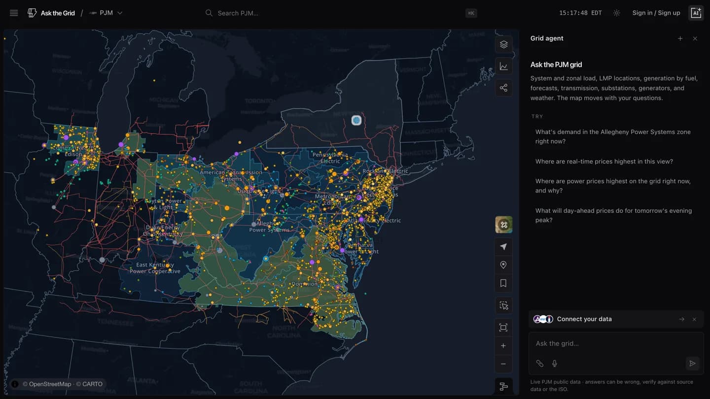 The PJM grid on Ask the Grid, showing zonal boundaries, generators, and transmission across the footprint with the agent panel open.