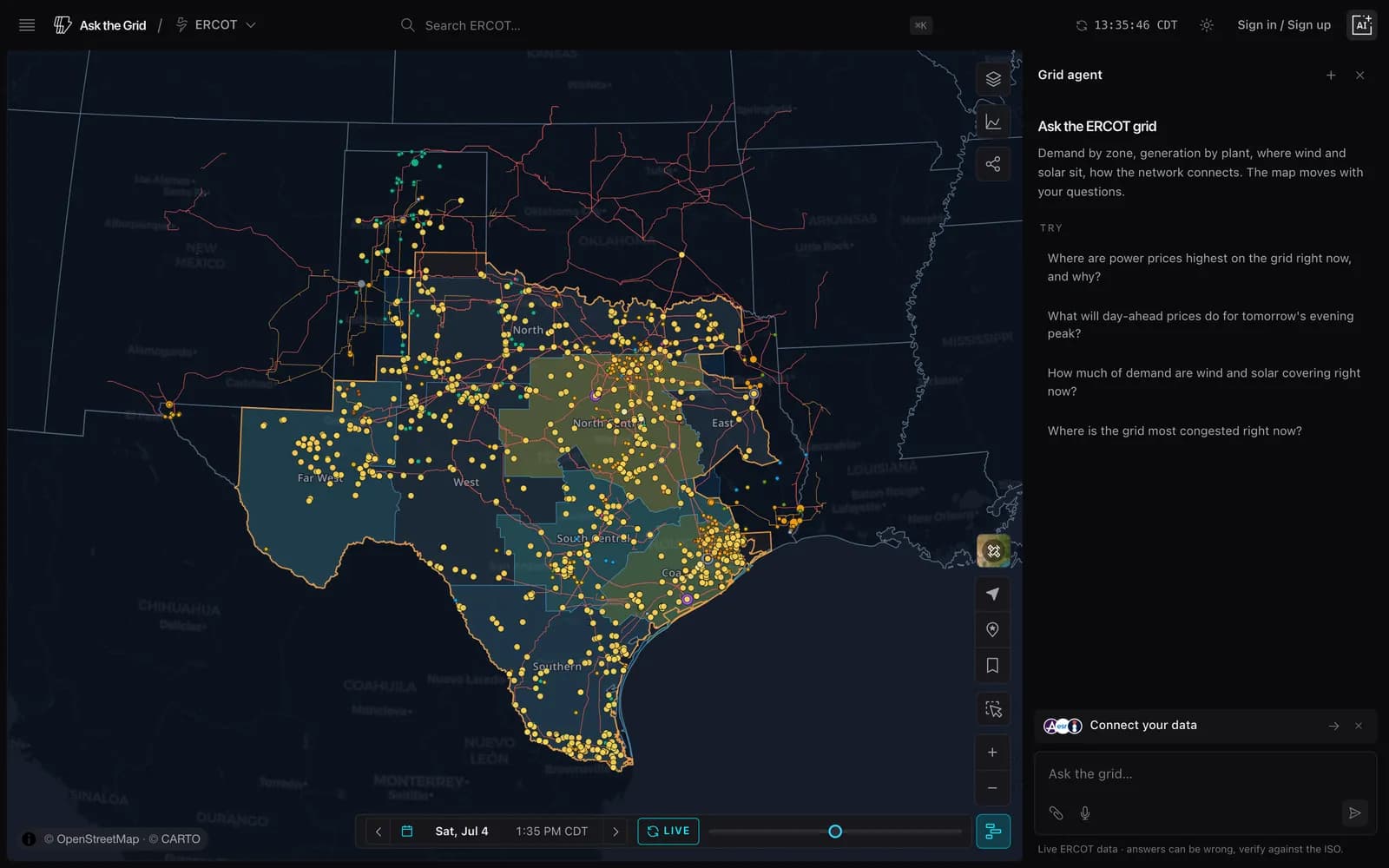 The Ask the Grid workspace: a live ERCOT map with plants, transmission lines, and demand zones, next to the grid agent panel.