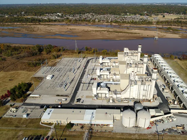 Aerial view of Green Country Power Plant beside the Arkansas River in Jenks, Oklahoma