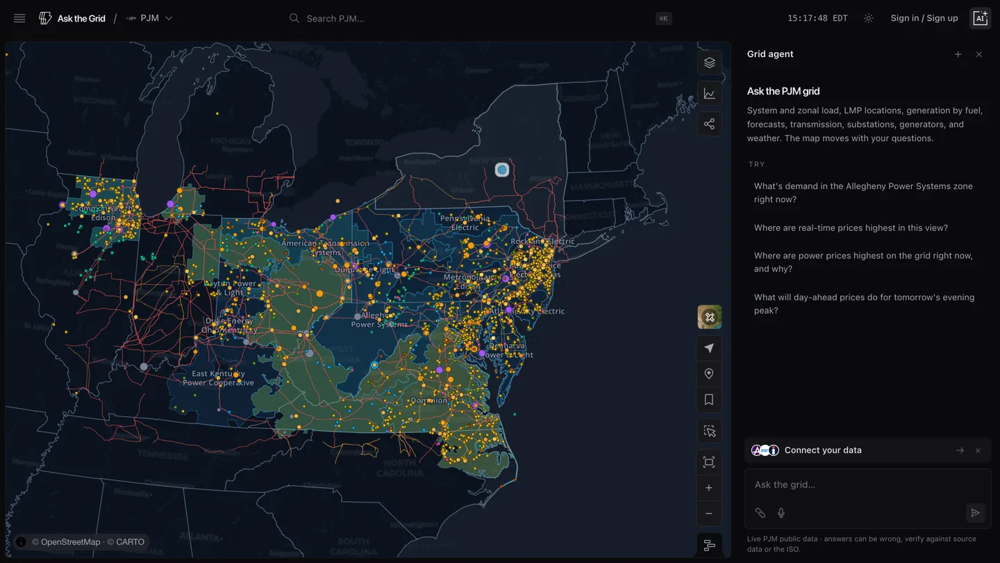 The PJM map with the interconnection queue layer enabled, counties shaded by requested capacity