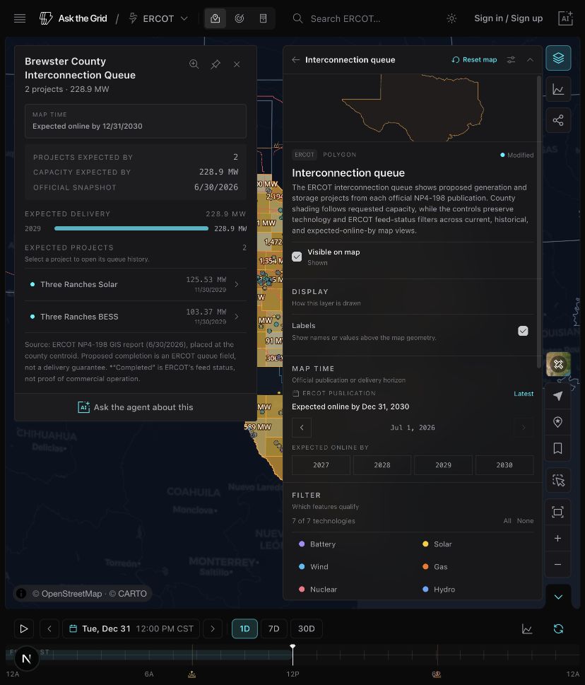 The ERCOT map with a county's interconnection queue selected, showing publication, technology, and status filters